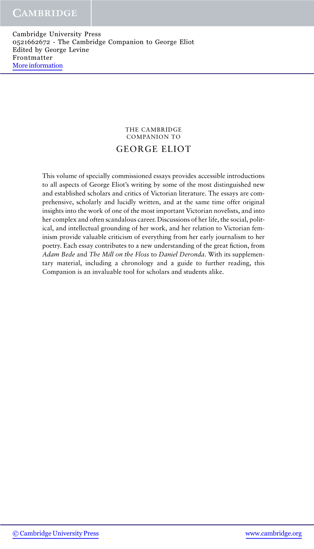 George Eliot Edited by George Levine Frontmatter More Information