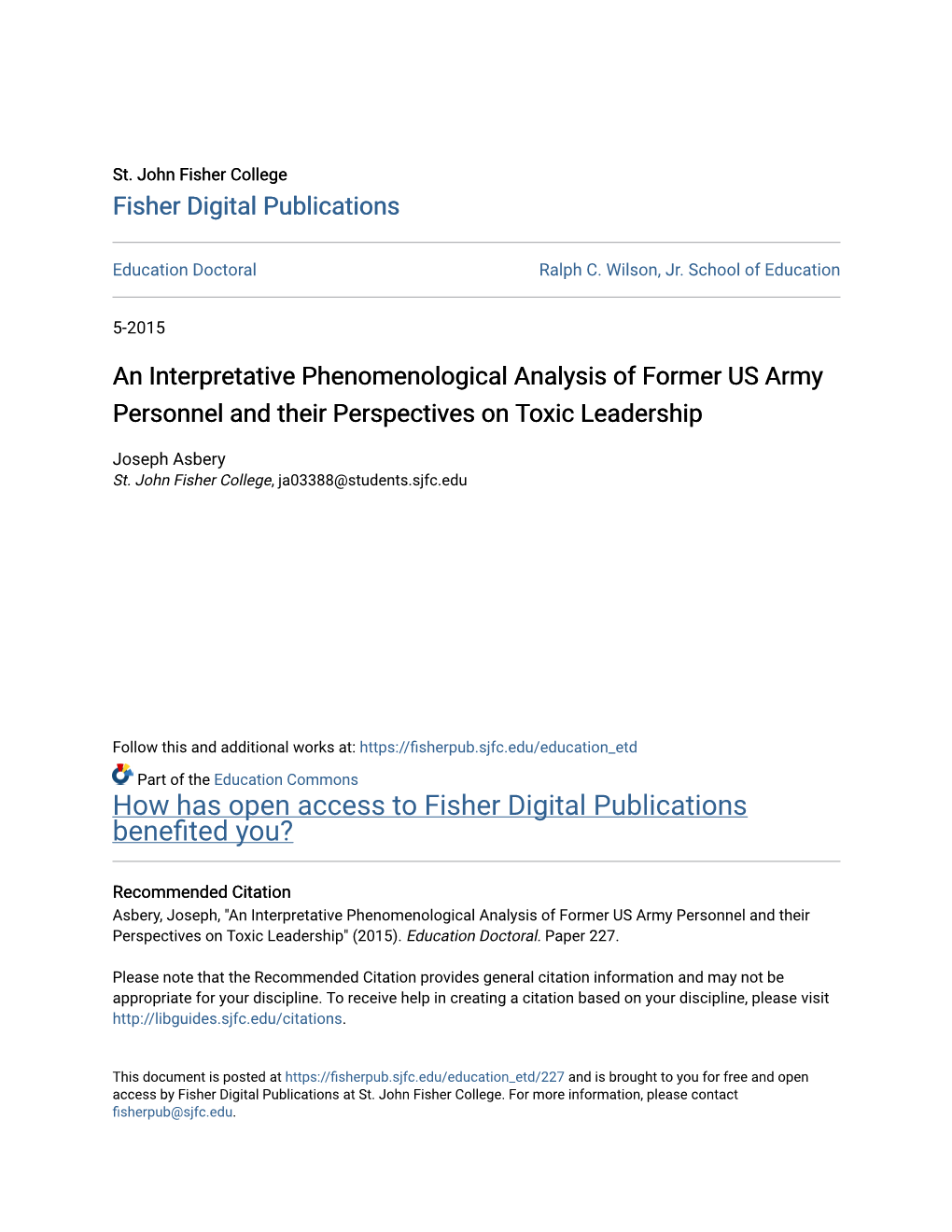 An Interpretative Phenomenological Analysis of Former US Army Personnel and Their Perspectives on Toxic Leadership