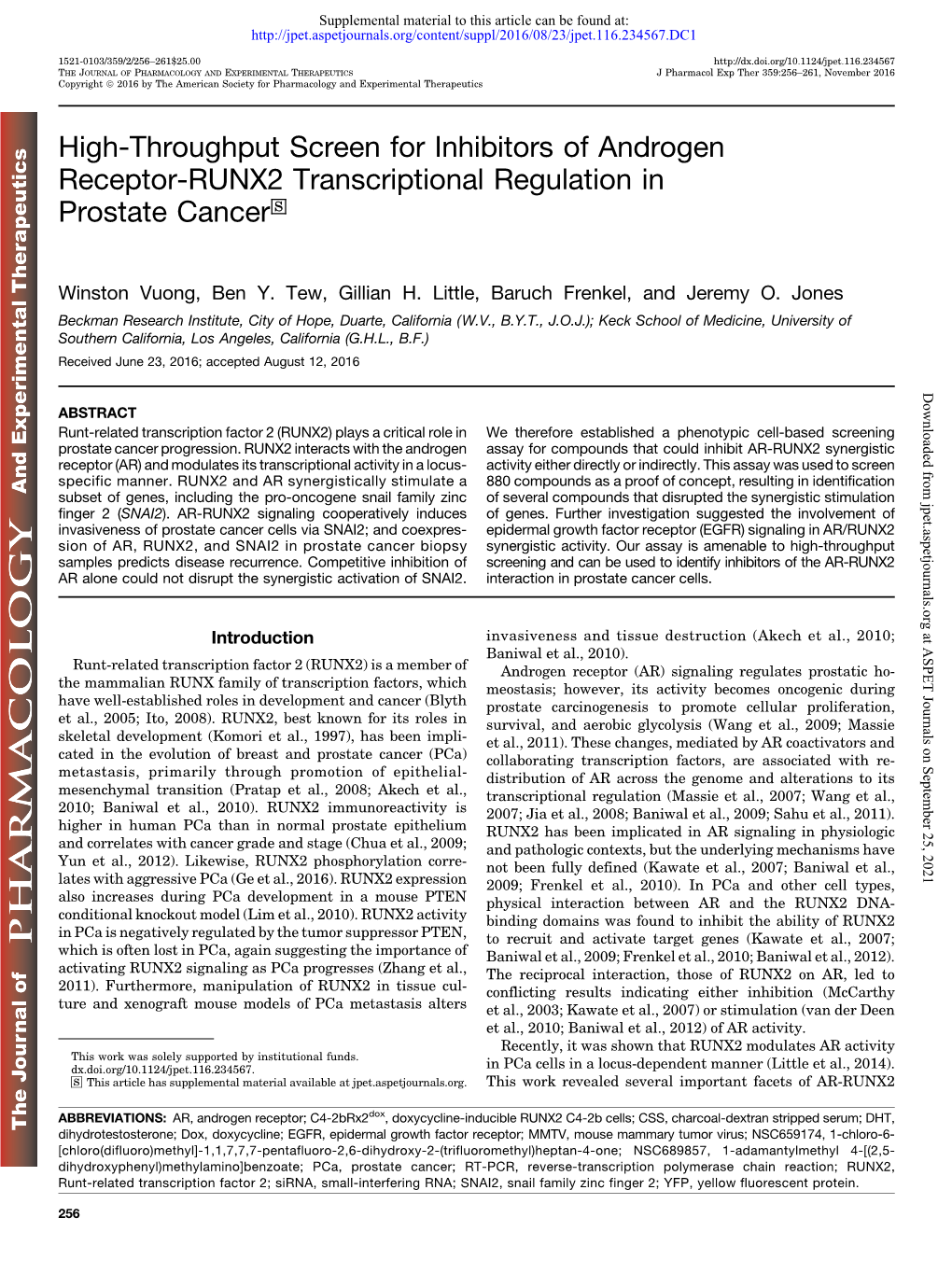 High-Throughput Screen for Inhibitors of Androgen Receptor-RUNX2 Transcriptional Regulation in Prostate Cancer S