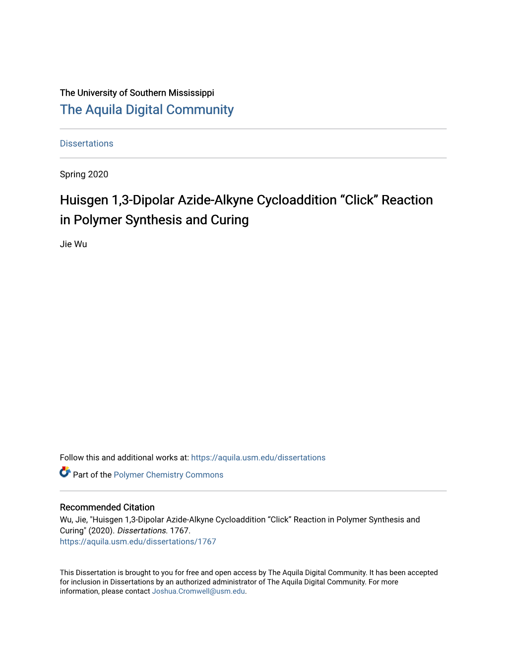 Huisgen 1,3-Dipolar Azide-Alkyne Cycloaddition “Click” Reaction in Polymer Synthesis and Curing