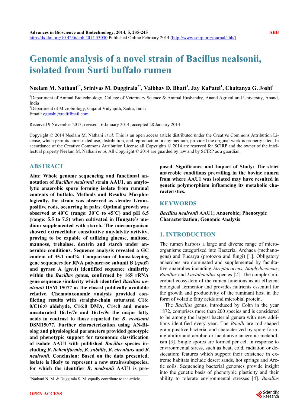 Genomic Analysis of a Novel Strain of Bacillus Nealsonii, Isolated from Surti Buffalo Rumen