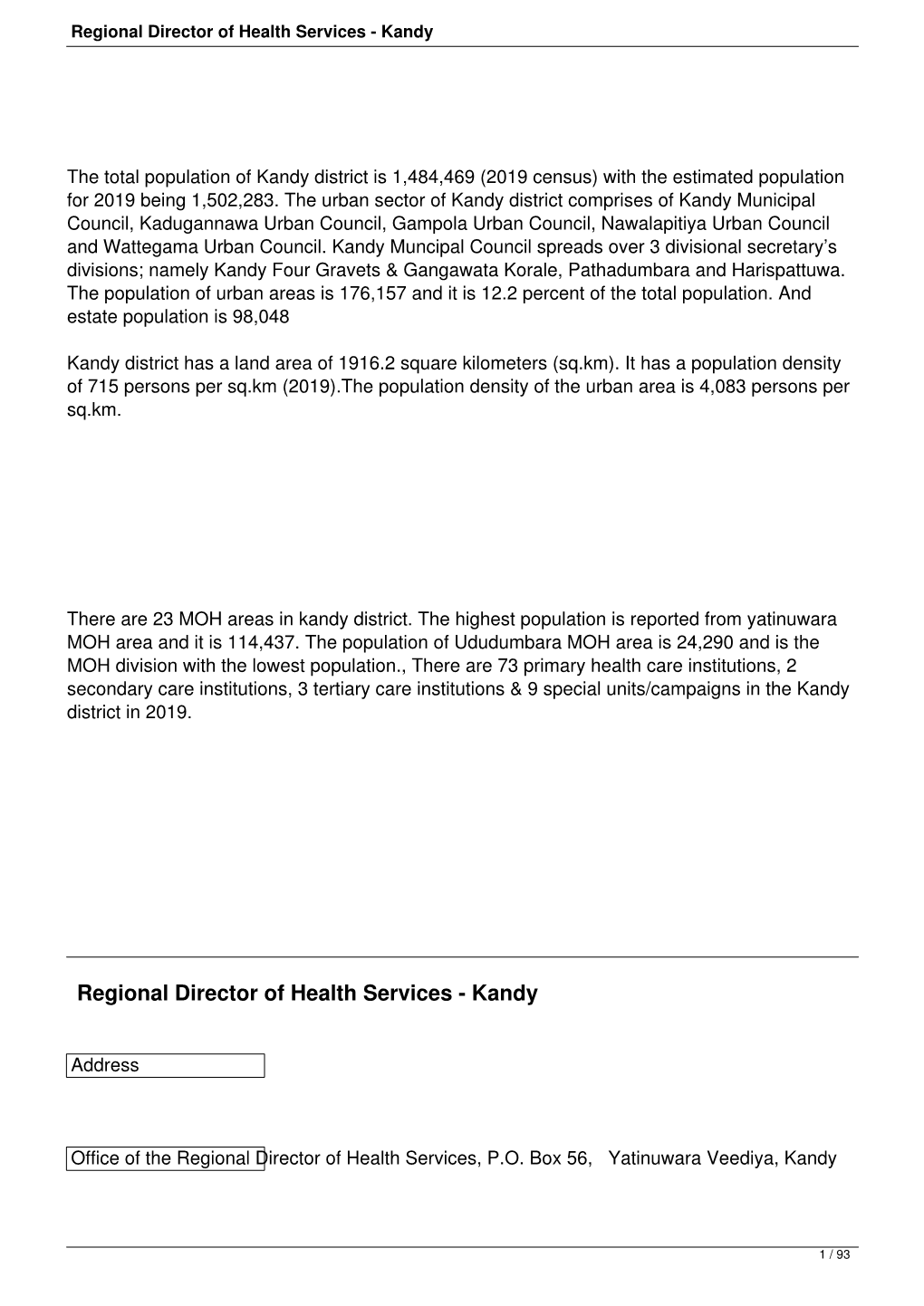 Regional Director of Health Services - Kandy