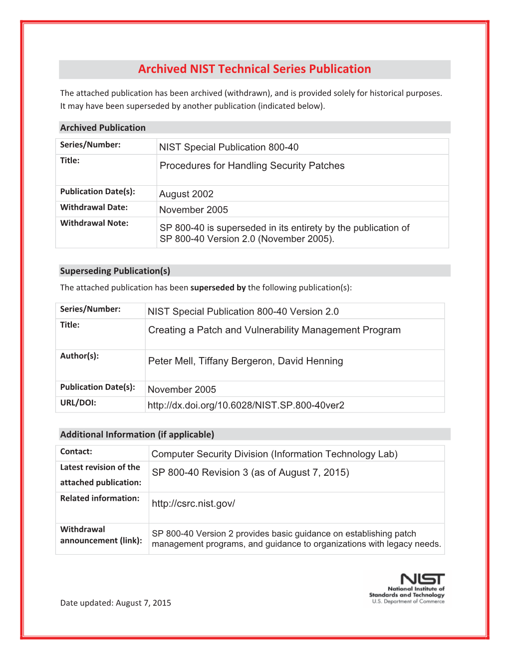 Archived NIST Technical Series Publication