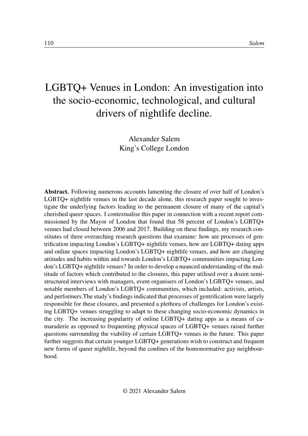 LGBTQ+ Venues in London: an Investigation Into the Socio-Economic, Technological, and Cultural Drivers of Nightlife Decline