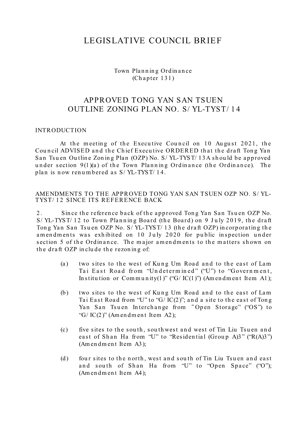 Approved Tong Yan San Tsuen Outline Zoning Plan No. S/Yl-Tyst/14