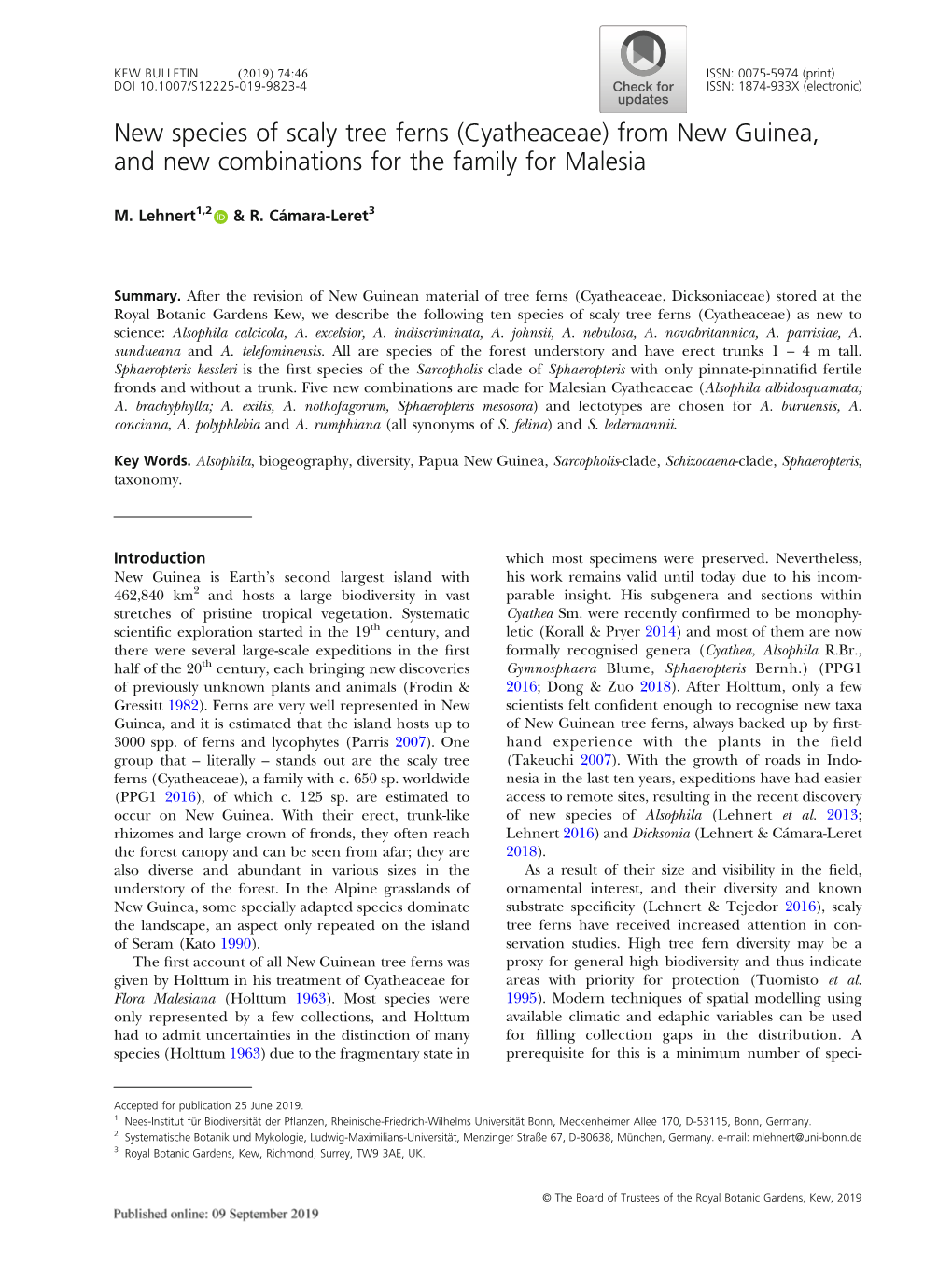 (Cyatheaceae) from New Guinea, and New Combinations for the Family for Malesia