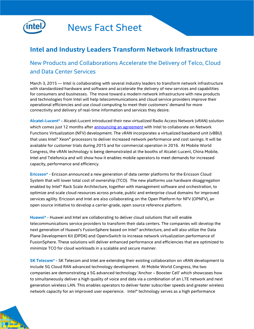Fact Sheet: Intel and Industry Leaders Transform Network Infrastructure