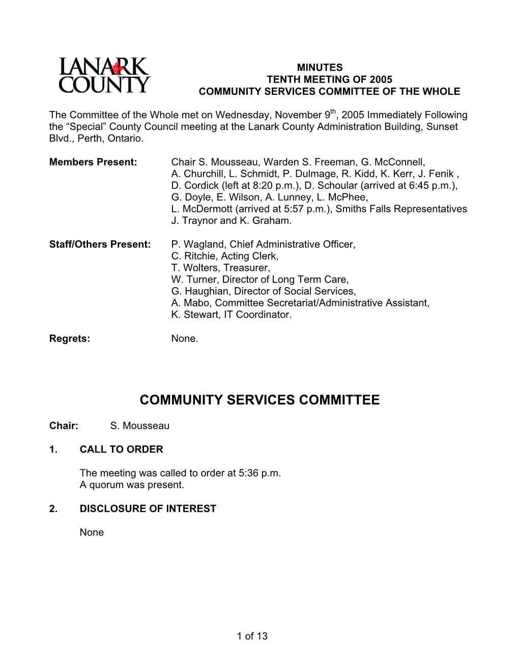 Community Services Committee of the Whole