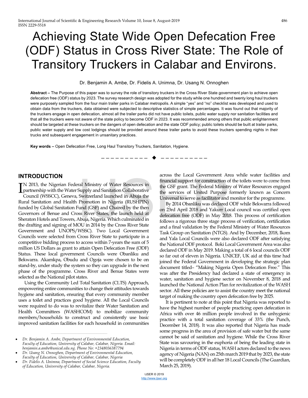 Achieving State Wide Open Defecation Free (ODF) Status in Cross River State: the Role of Transitory Truckers in Calabar and Environs