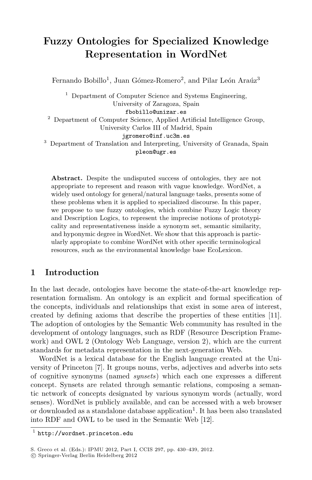 Fuzzy Ontologies for Specialized Knowledge Representation in Wordnet