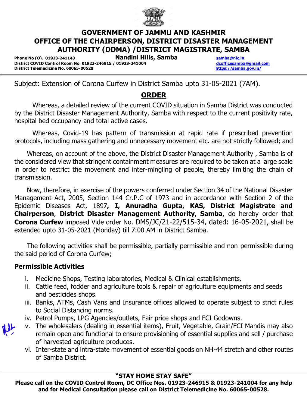 GOVERNMENT of JAMMU and KASHMIR OFFICE of the CHAIRPERSON, DISTRICT DISASTER MANAGEMENT AUTHORITY (DDMA) /DISTRICT MAGISTRATE, SAMBA Phone No (O)