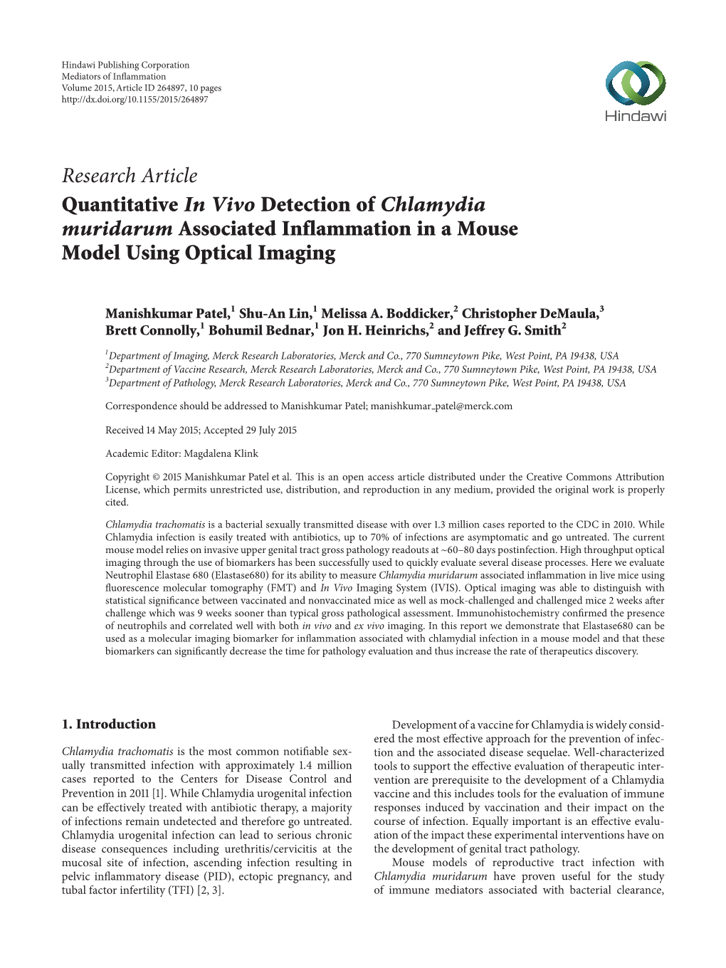Quantitative in Vivo Detection of Chlamydia Muridarum Associated Inflammation in a Mouse Model Using Optical Imaging