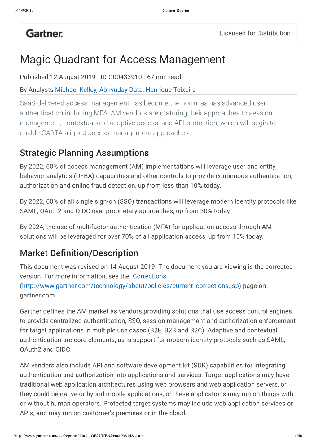 Gartner Magic Quadrant for Access Management, August 2019