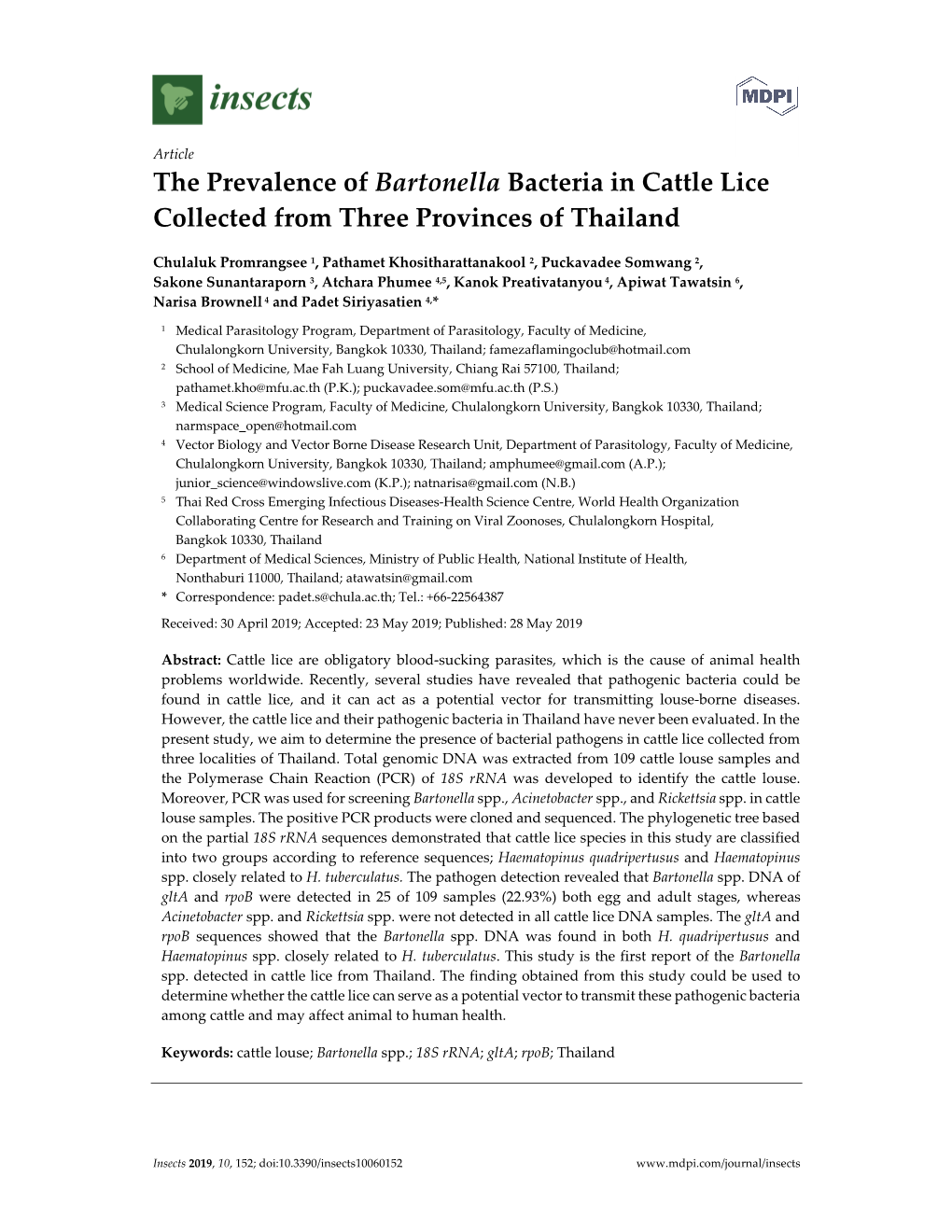 The Prevalence of Bartonella Bacteria in Cattle Lice Collected from Three Provinces of Thailand