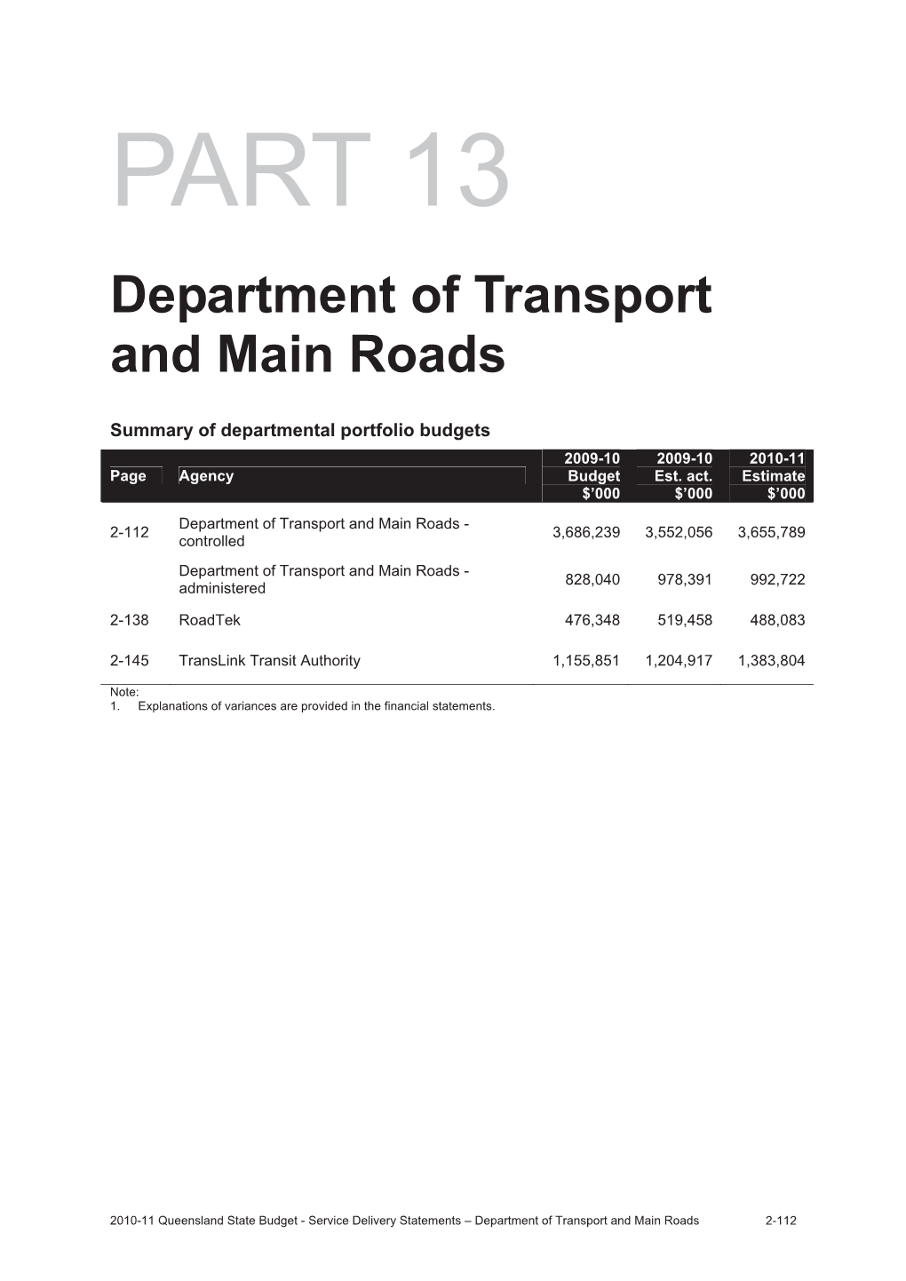 Department of Transport and Main Roads: Budget Paper 5