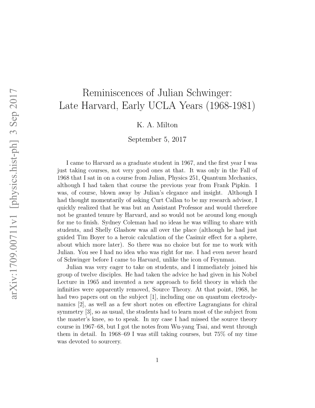 Reminiscences of Julian Schwinger: Late Harvard, Early UCLA Years
