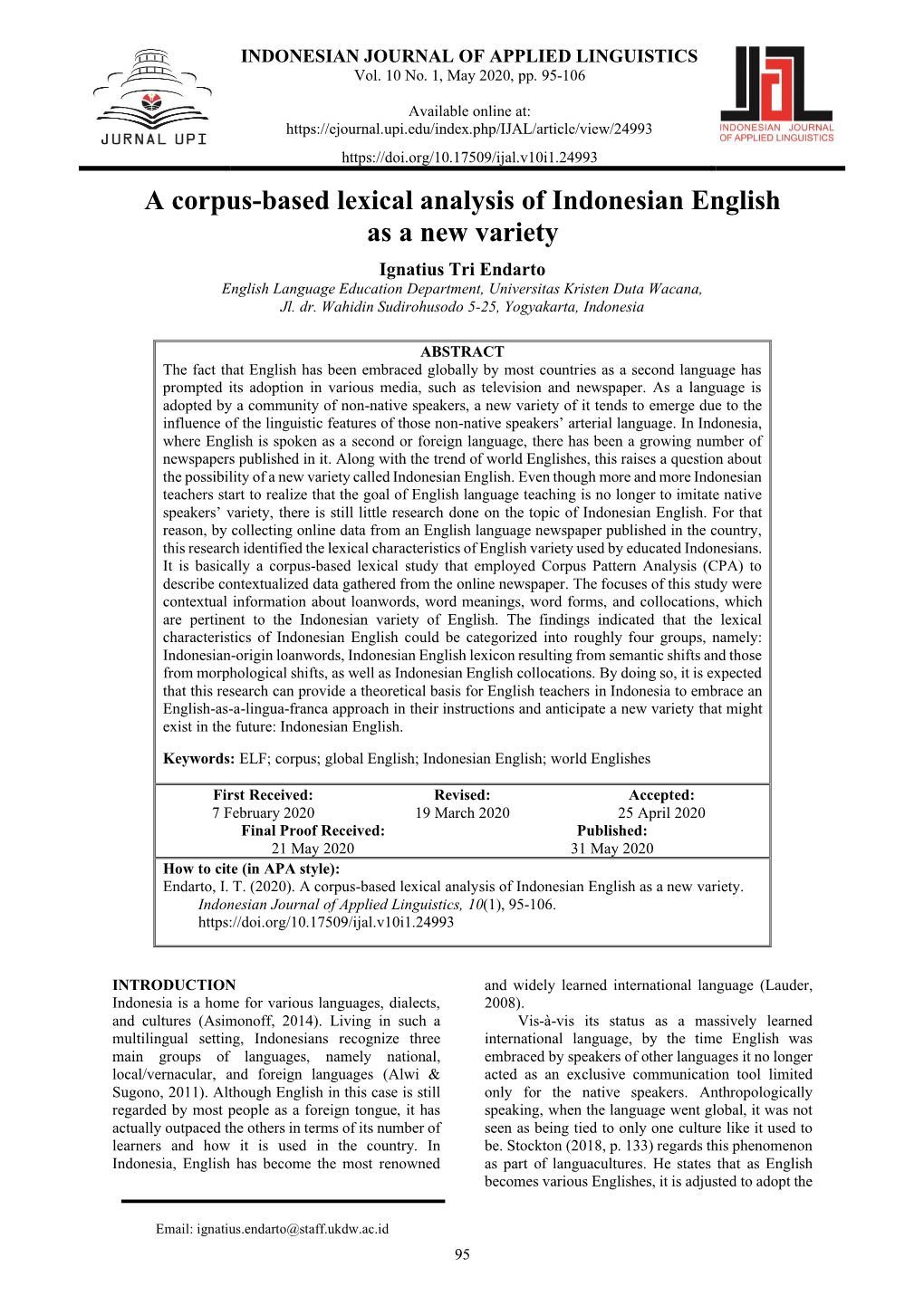 A Corpus-Based Lexical Analysis of Indonesian English As a New Variety