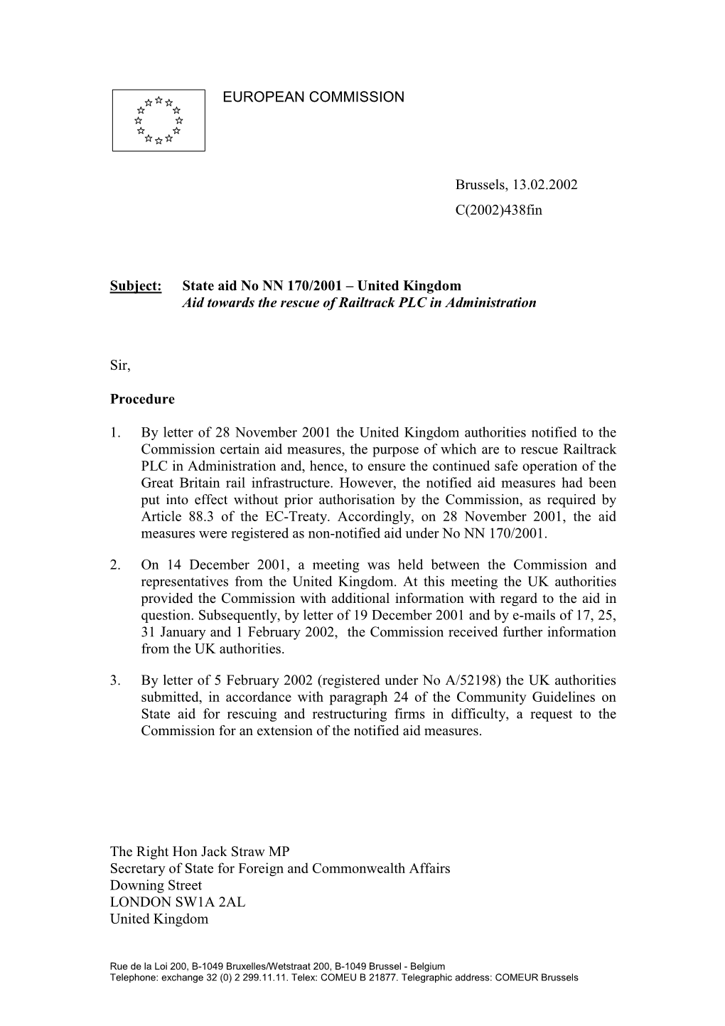 State Aid No NN 170/2001 – United Kingdom Aid Towards the Rescue of Railtrack PLC in Administration