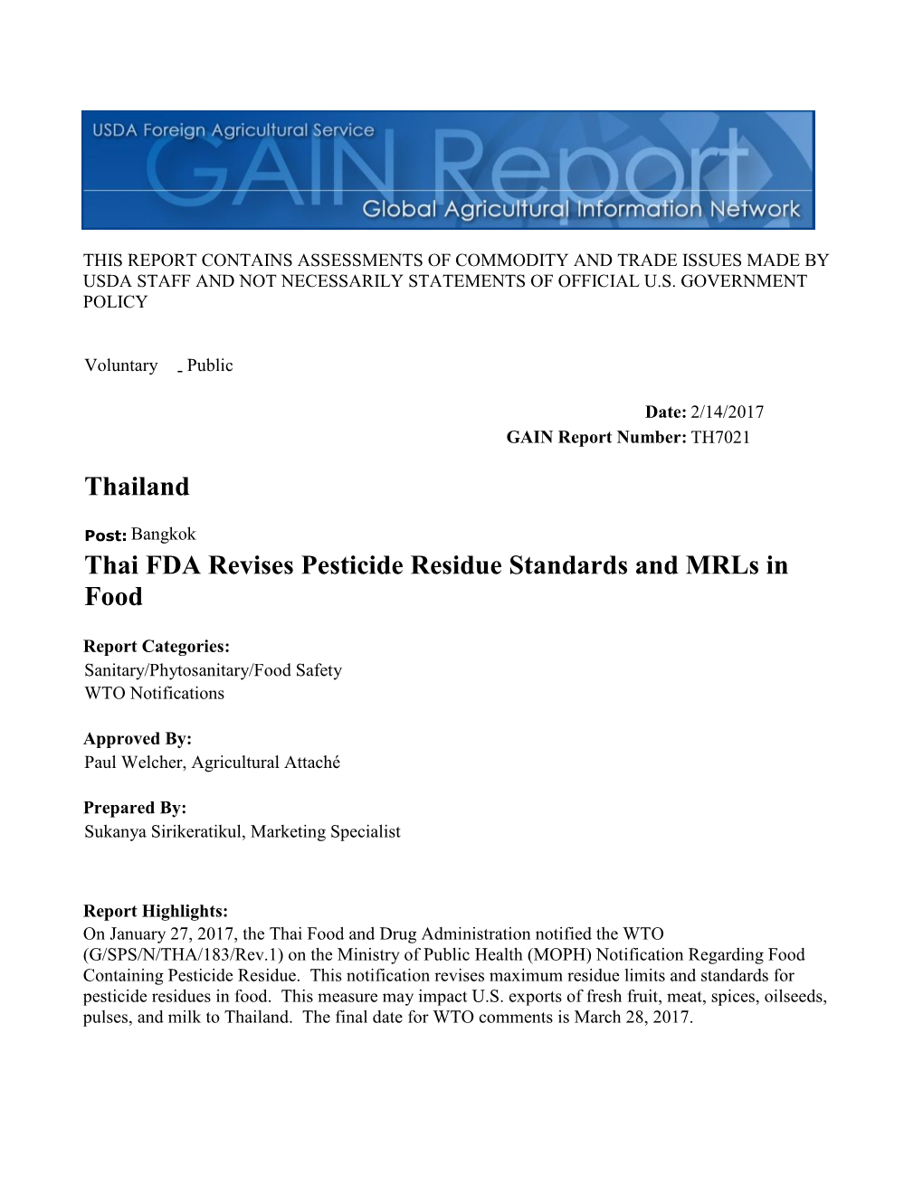 Thai FDA Revises Pesticide Residue Standards and Mrls In