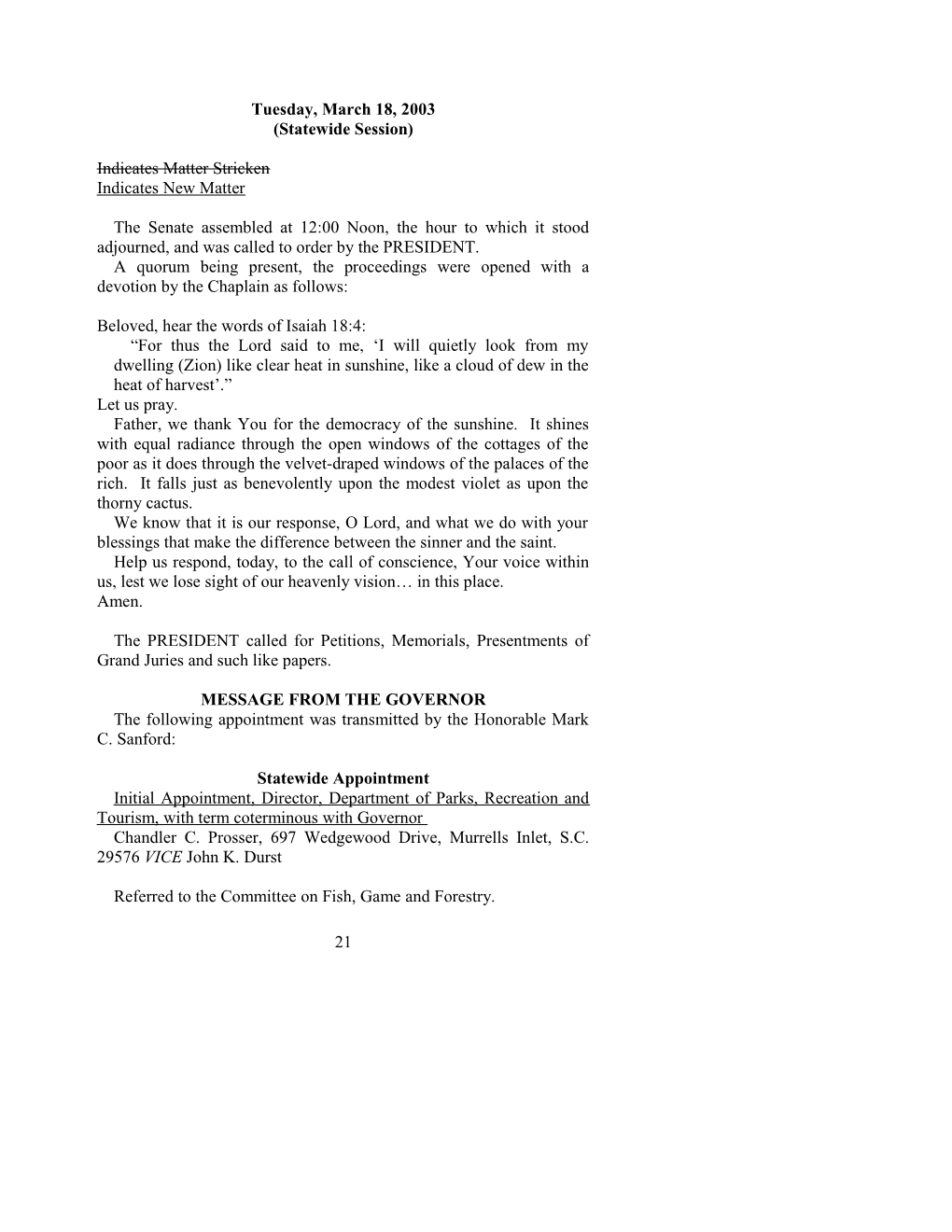 Senate Journal for Mar. 18, 2003 - South Carolina Legislature Online