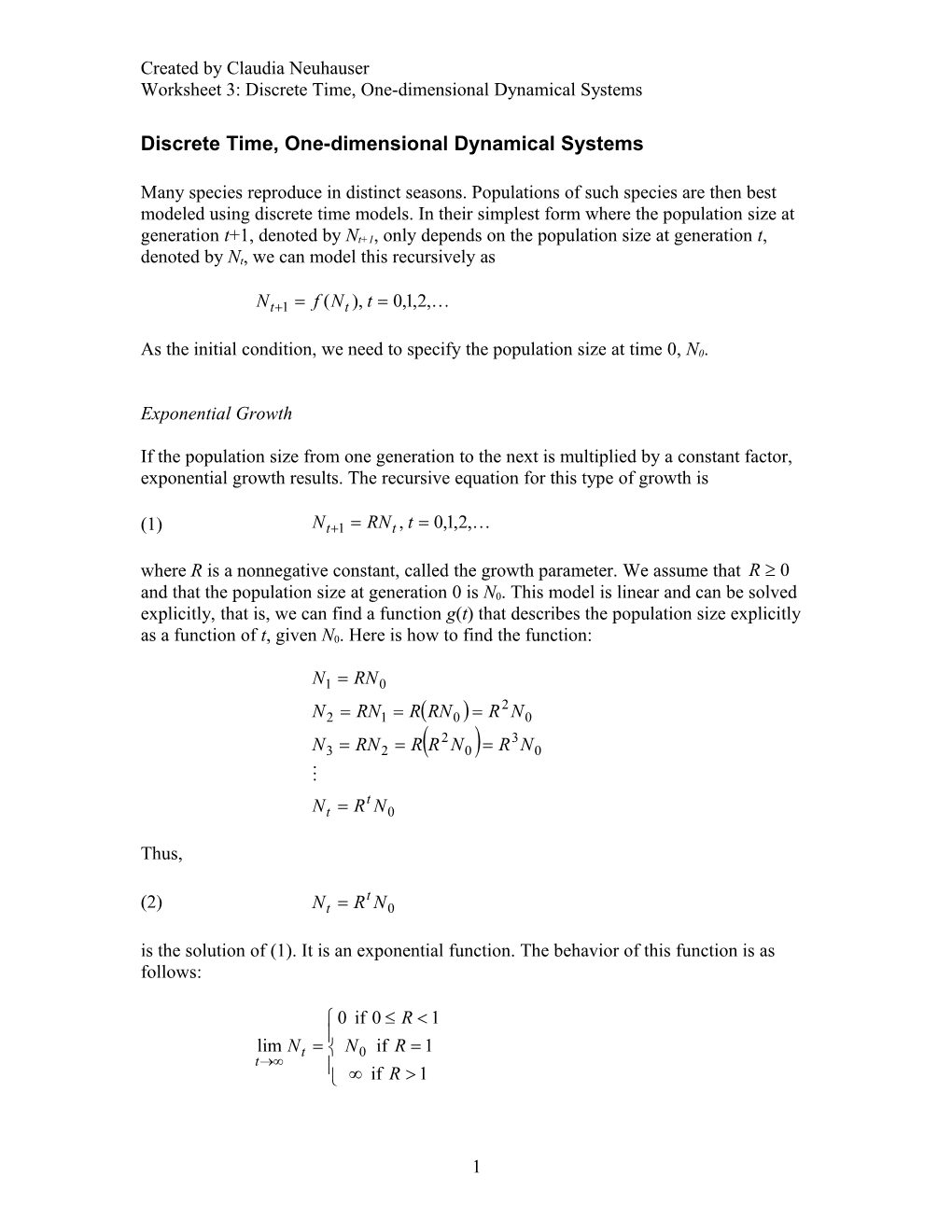 Discrete Time, One-Dimensional Dynamical Systems