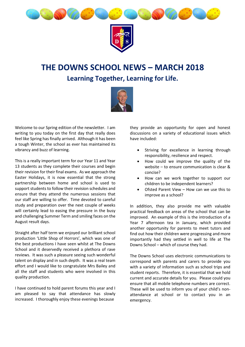 THE DOWNS SCHOOL NEWS – MARCH 2018 Learning Together, Learning for Life