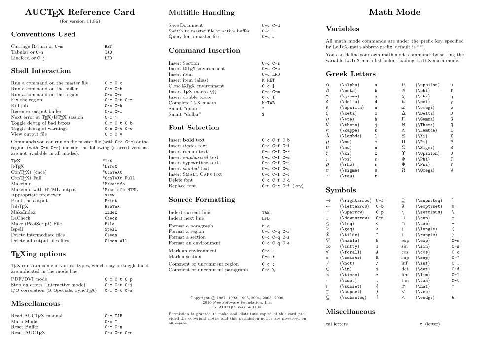 AUCTEX Reference Card Math Mode