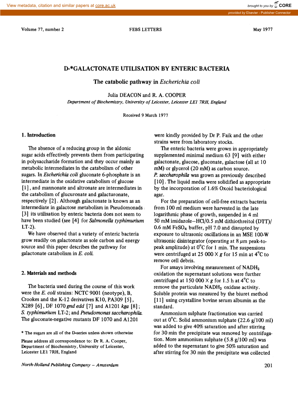 D-“GALACTONATE UTILISATION by ENTERIC BACTERIA the Catabolic
