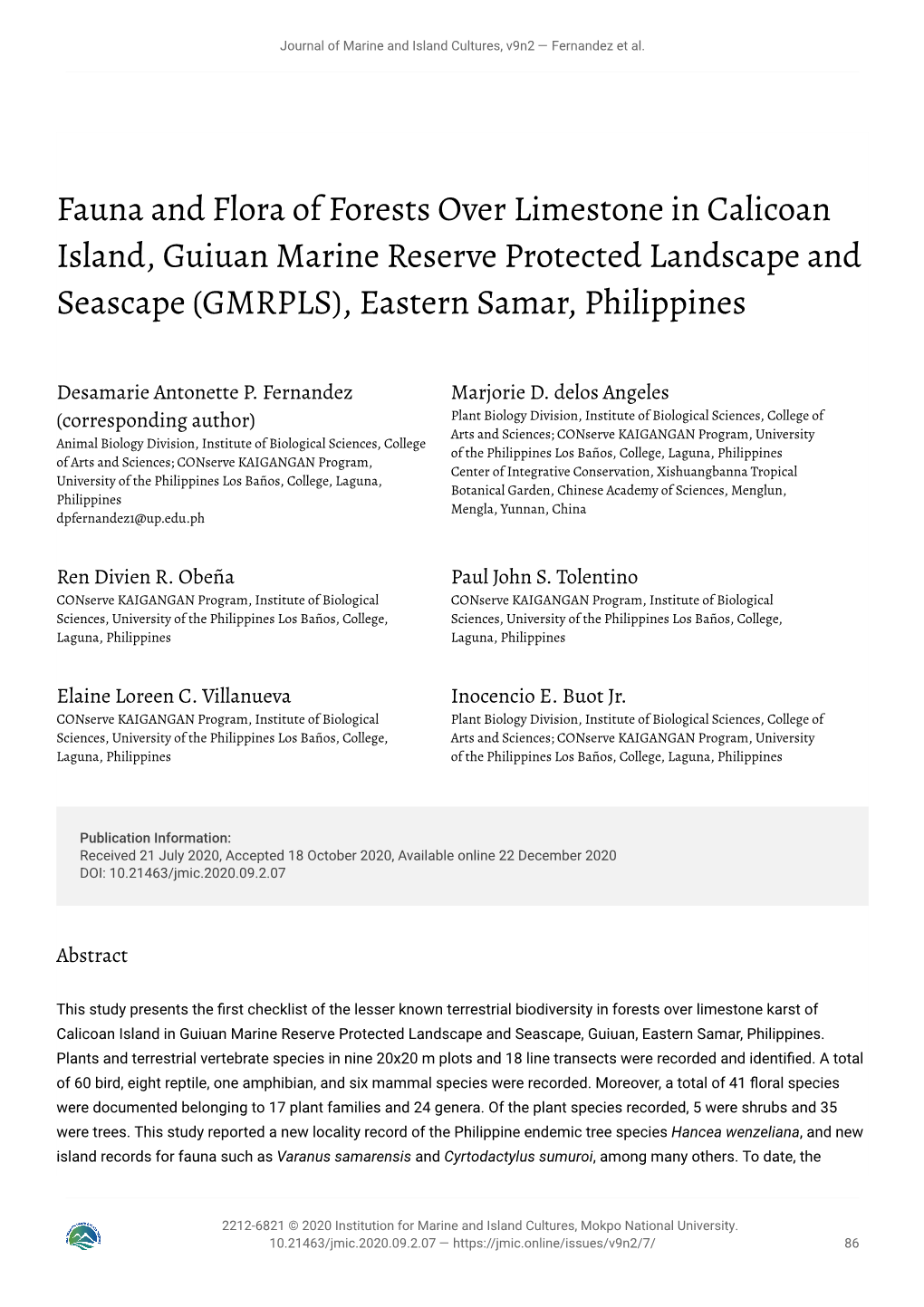 Fauna and Flora of Forests Over Limestone in Calicoan Island, Guiuan Marine Reserve Protected Landscape and Seascape (GMRPLS), Eastern Samar, Philippines