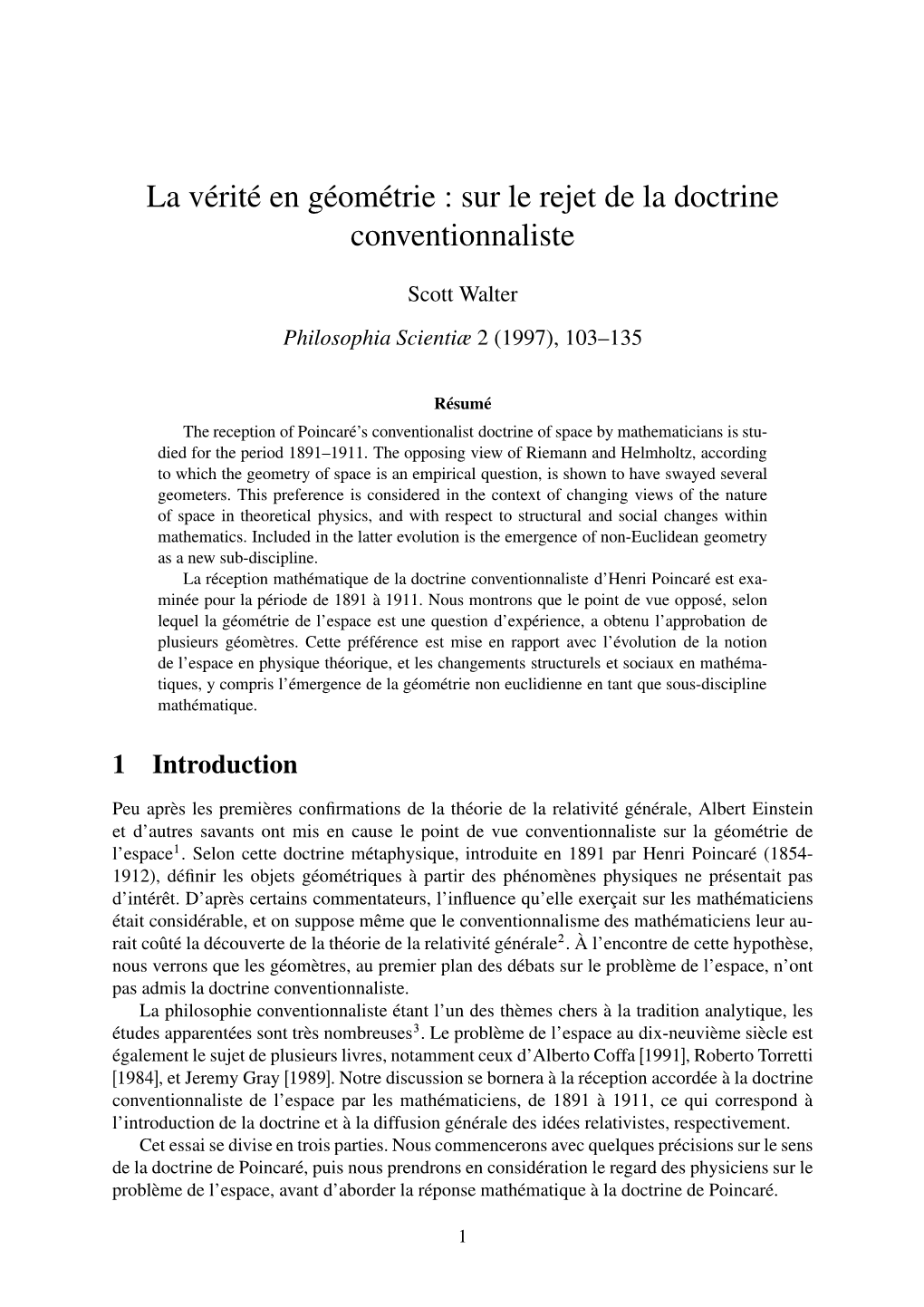 La Vérité En Géométrie : Sur Le Rejet De La Doctrine Conventionnaliste