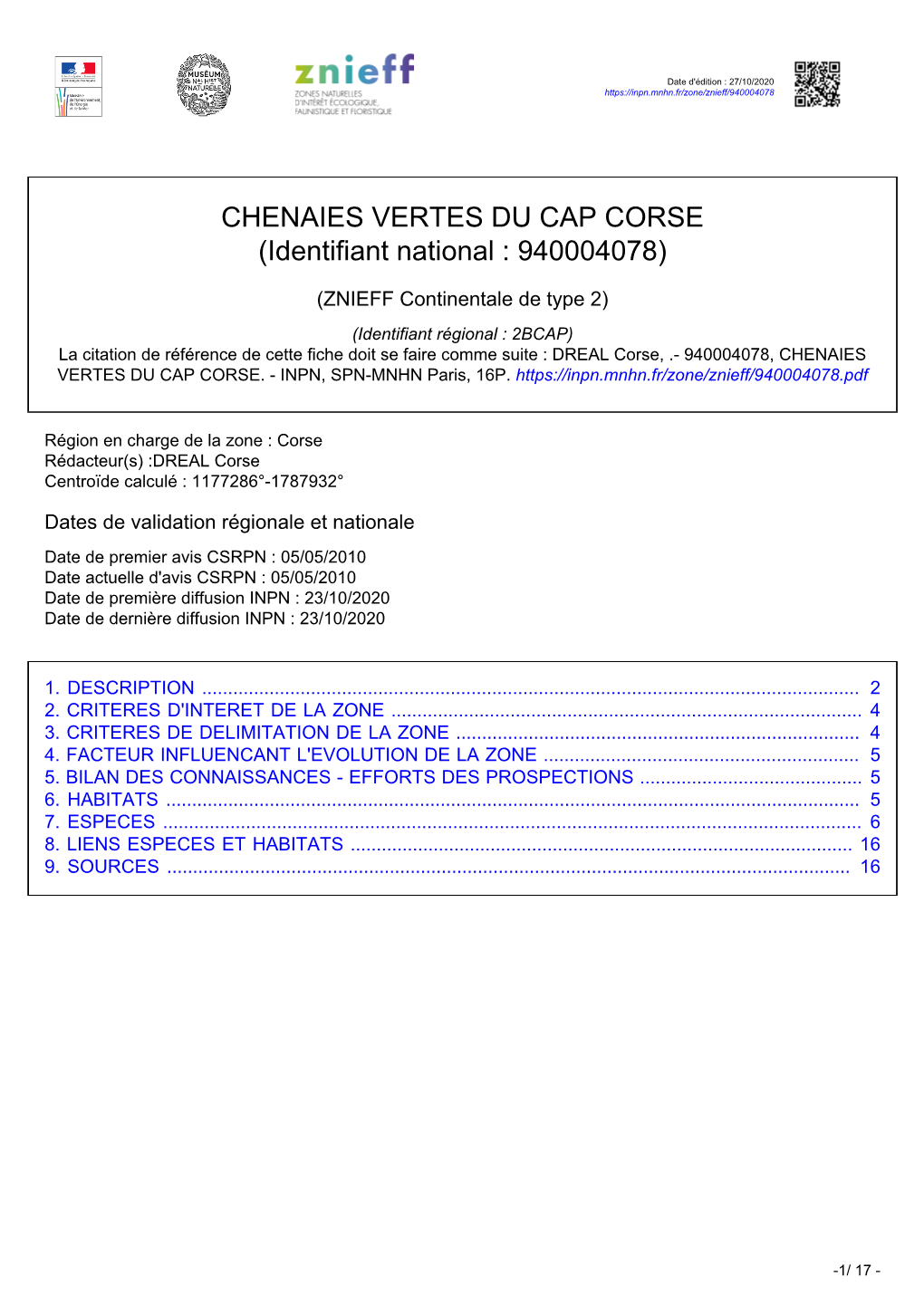 CHENAIES VERTES DU CAP CORSE (Identifiant National : 940004078)