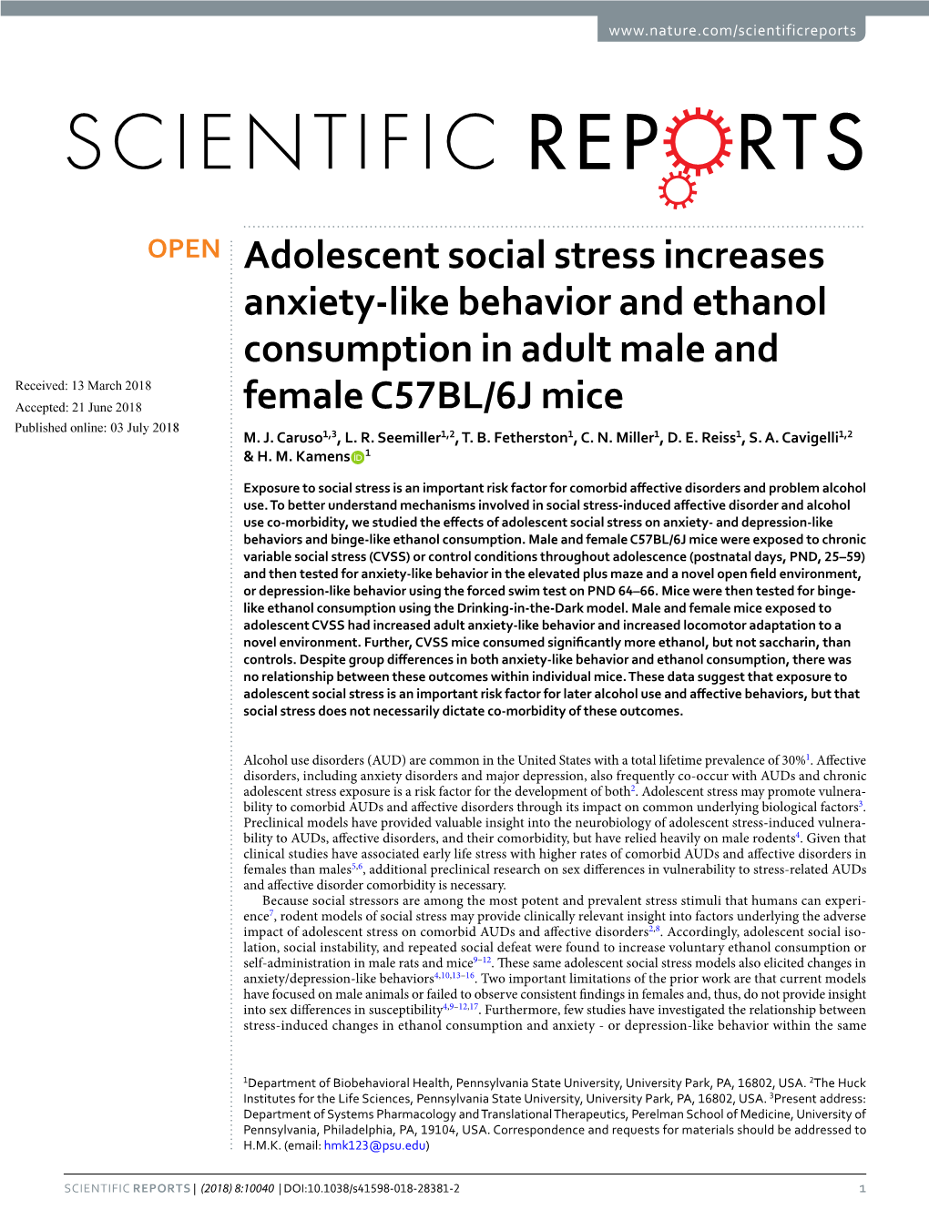 Adolescent Social Stress Increases Anxiety-Like Behavior and Ethanol