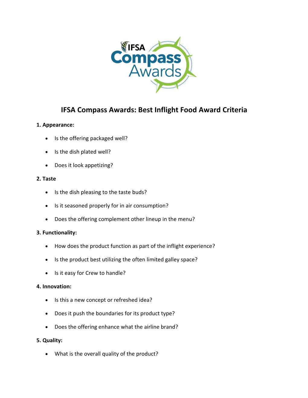 IFSA Compass Awards: Best Inflight Food Award Criteria