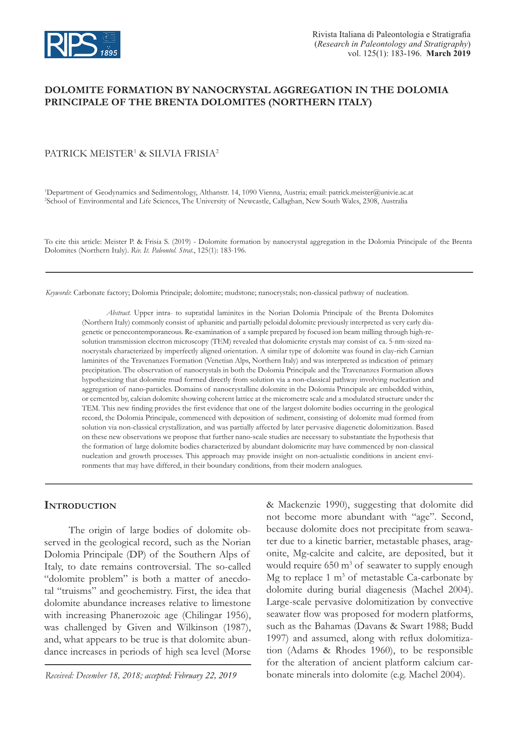 Dolomite Formation by Nanocrystal Aggregation in the Dolomia Principale of the Brenta Dolomites (Northern Italy)