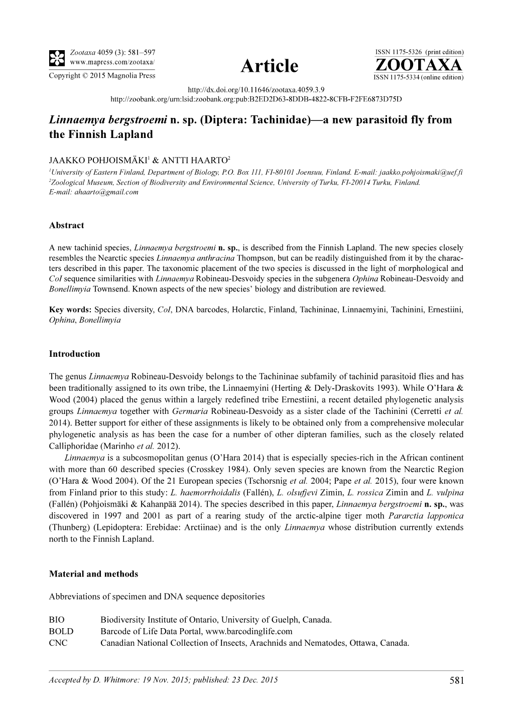 Linnaemya Bergstroemi N. Sp. (Diptera: Tachinidae)—A New Parasitoid Fly from the Finnish Lapland