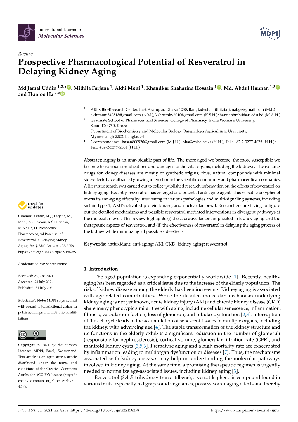 Prospective Pharmacological Potential of Resveratrol in Delaying Kidney Aging