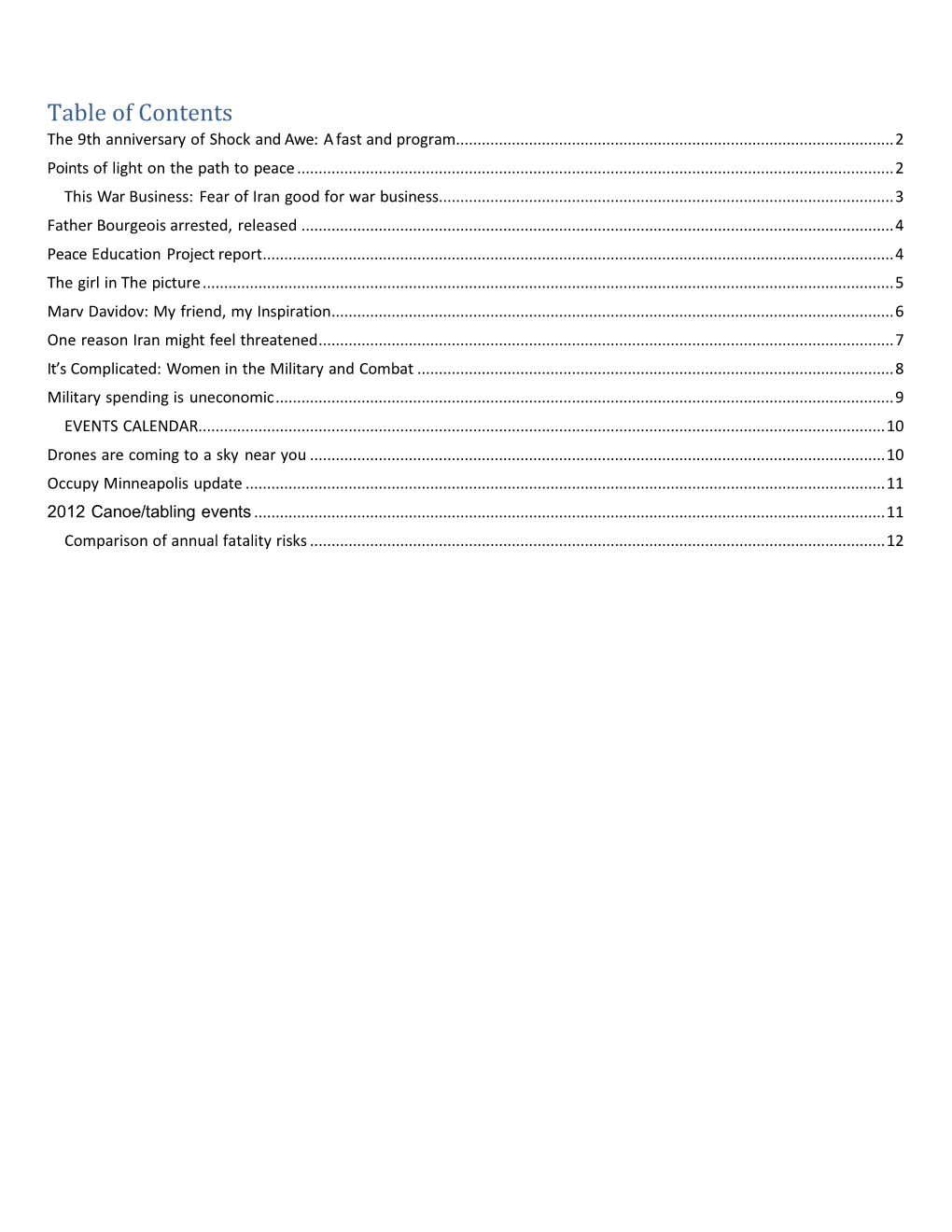 Table of Contents the 9Th Anniversary of Shock and Awe: a Fast and Program