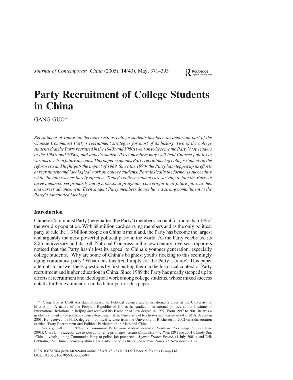 Party Recruitment of College Students in China GANG GUO*