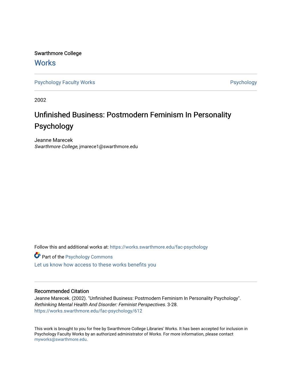 Unfinished Business: Postmodern Feminism in Personality Psychology