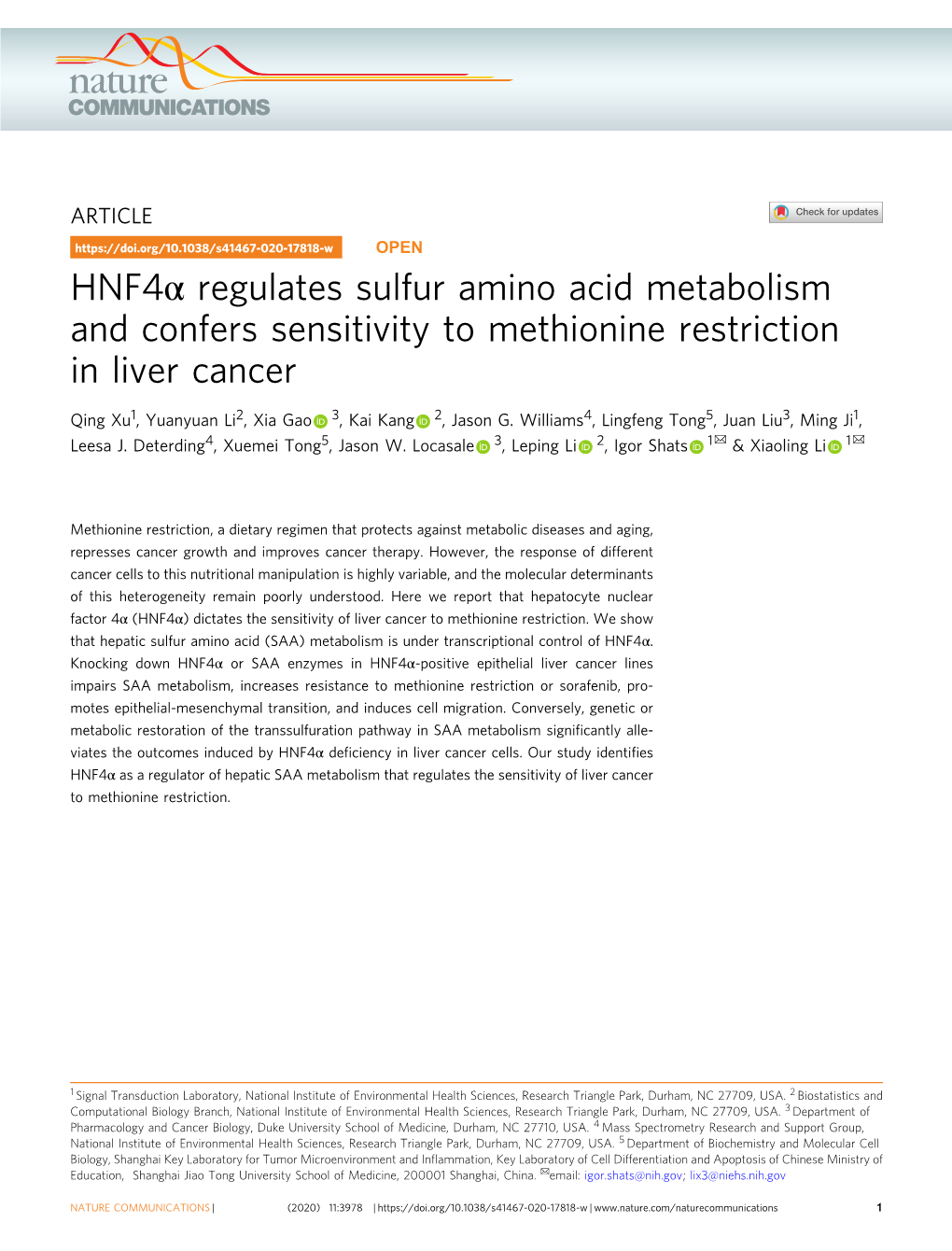 HNF4Î± Regulates Sulfur Amino Acid Metabolism and Confers Sensitivity