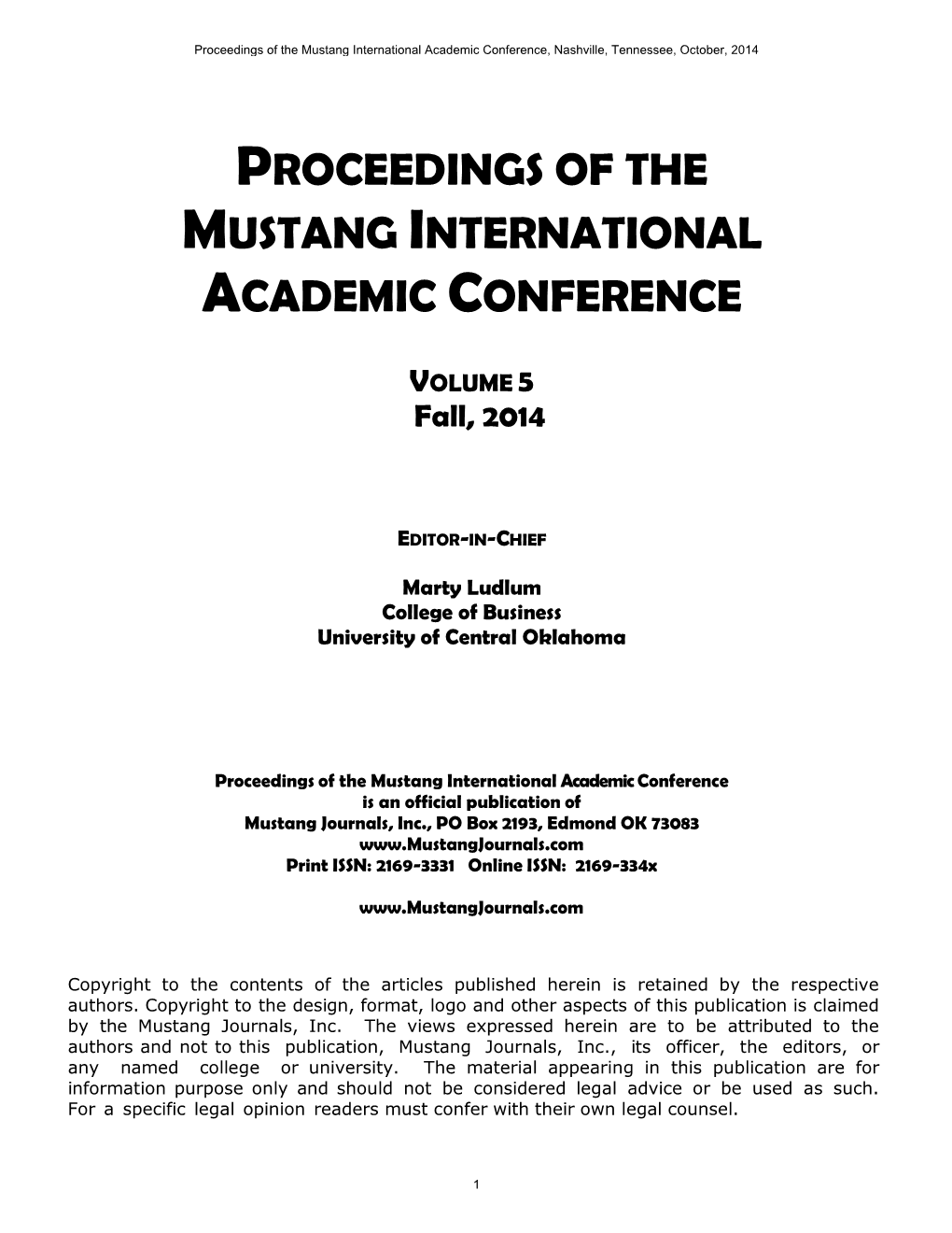 Proceedings of the Mustang International Academic Conference, Nashville, Tennessee, October, 2014