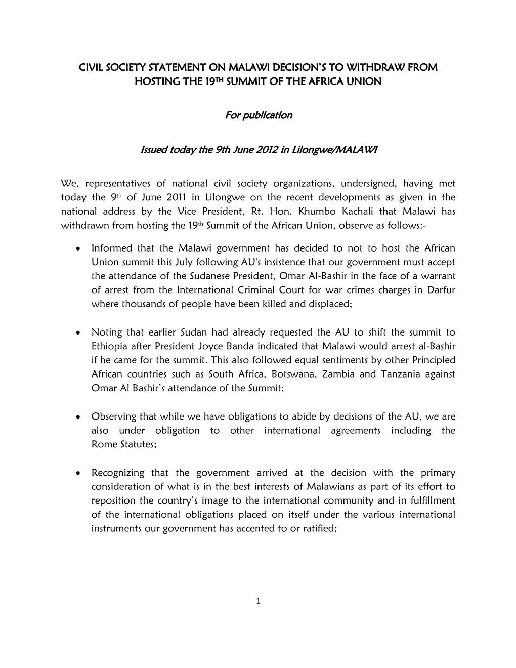 Download Malawi Civil Society Statement on Al Bashir AU