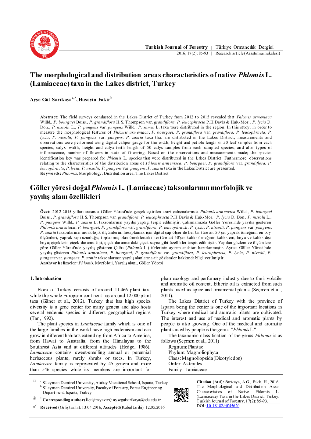 The Morphological and Distribution Areas Characteristics of Native Phlomis L