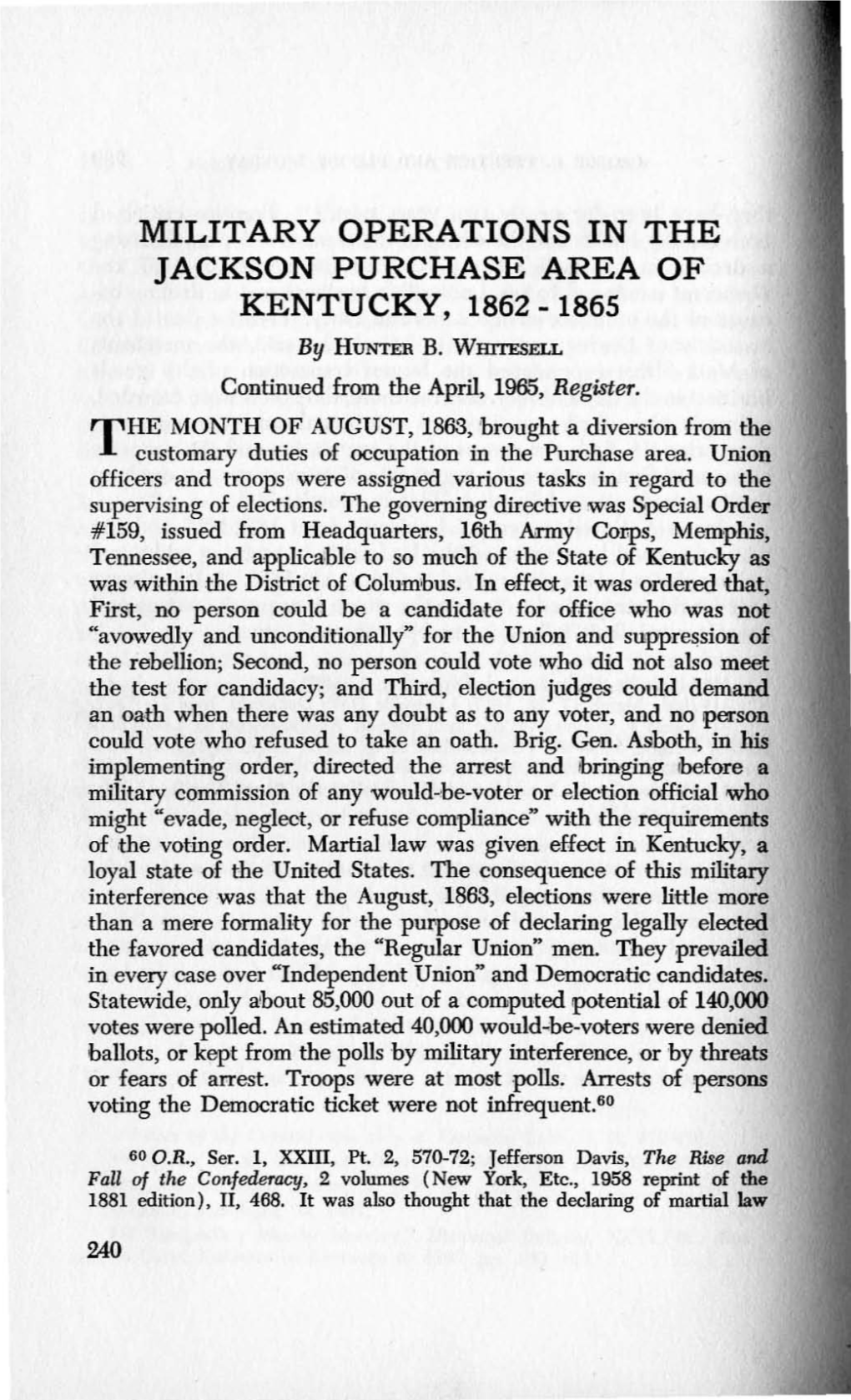 MILITARY OPERATIONS in the JACKSON PURCHASE AREA of KENTUCKY, 1862 - 1865 by HUNTER B