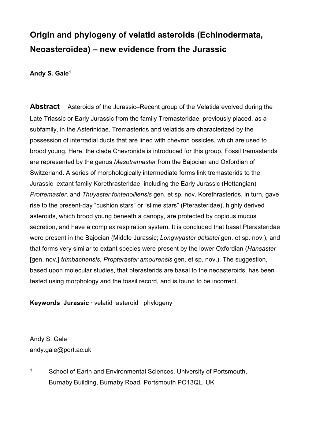 Origin and Phylogeny of Velatid Asteroids (Echinodermata, Neoasteroidea) – New Evidence from the Jurassic