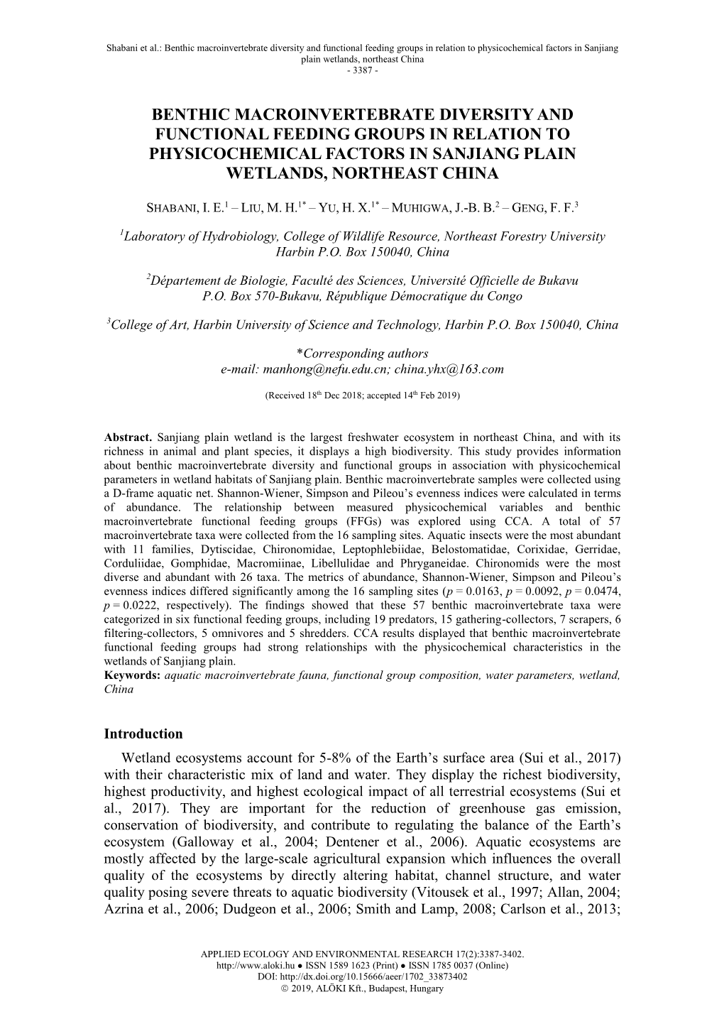 Benthic Macroinvertebrate Diversity and Functional Feeding Groups in Relation to Physicochemical Factors in Sanjiang Plain Wetlands, Northeast China - 3387