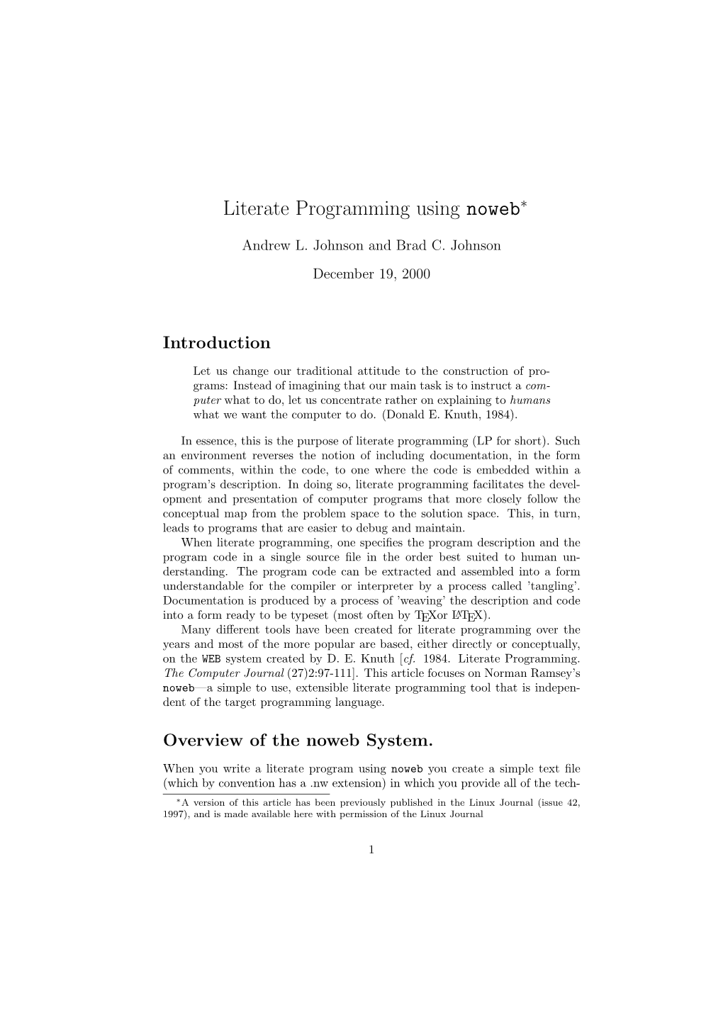 Literate Programming Using Noweb∗