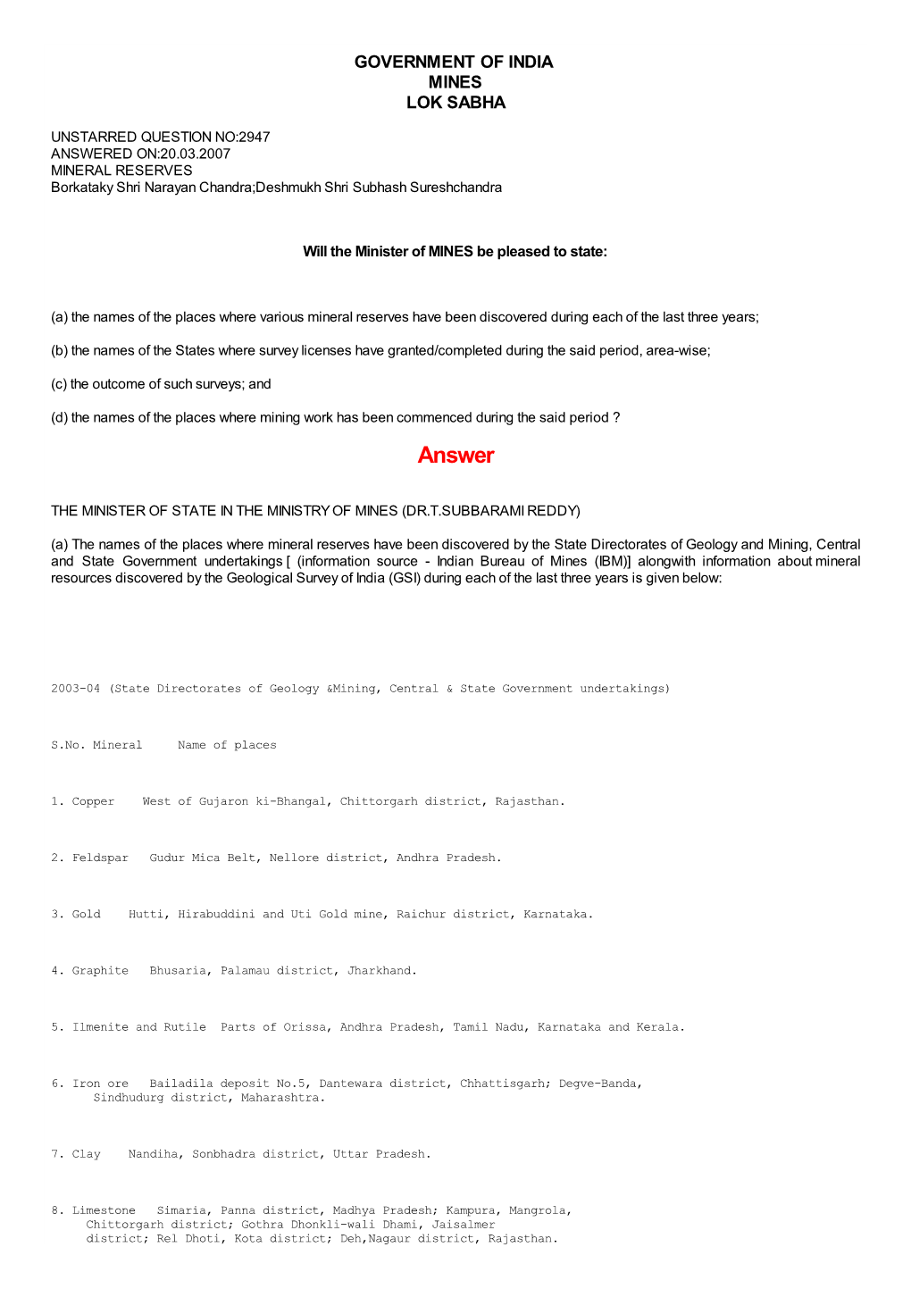 ANSWERED ON:20.03.2007 MINERAL RESERVES Borkataky Shri Narayan Chandra;Deshmukh Shri Subhash Sureshchandra