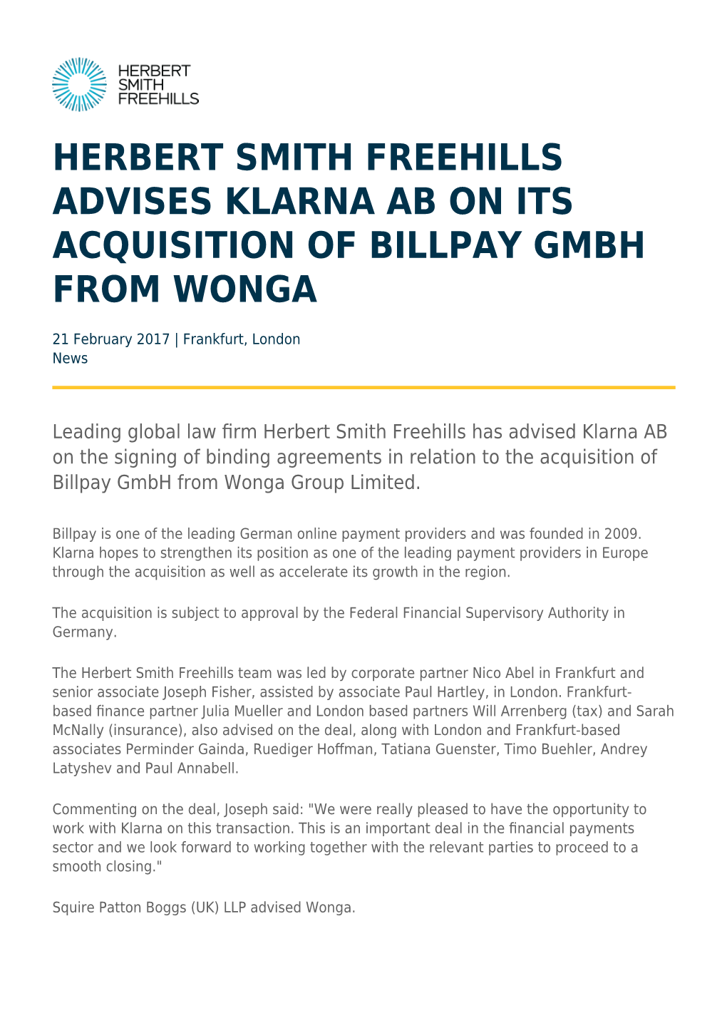 Herbert Smith Freehills Advises Klarna Ab on Its Acquisition of Billpay Gmbh from Wonga