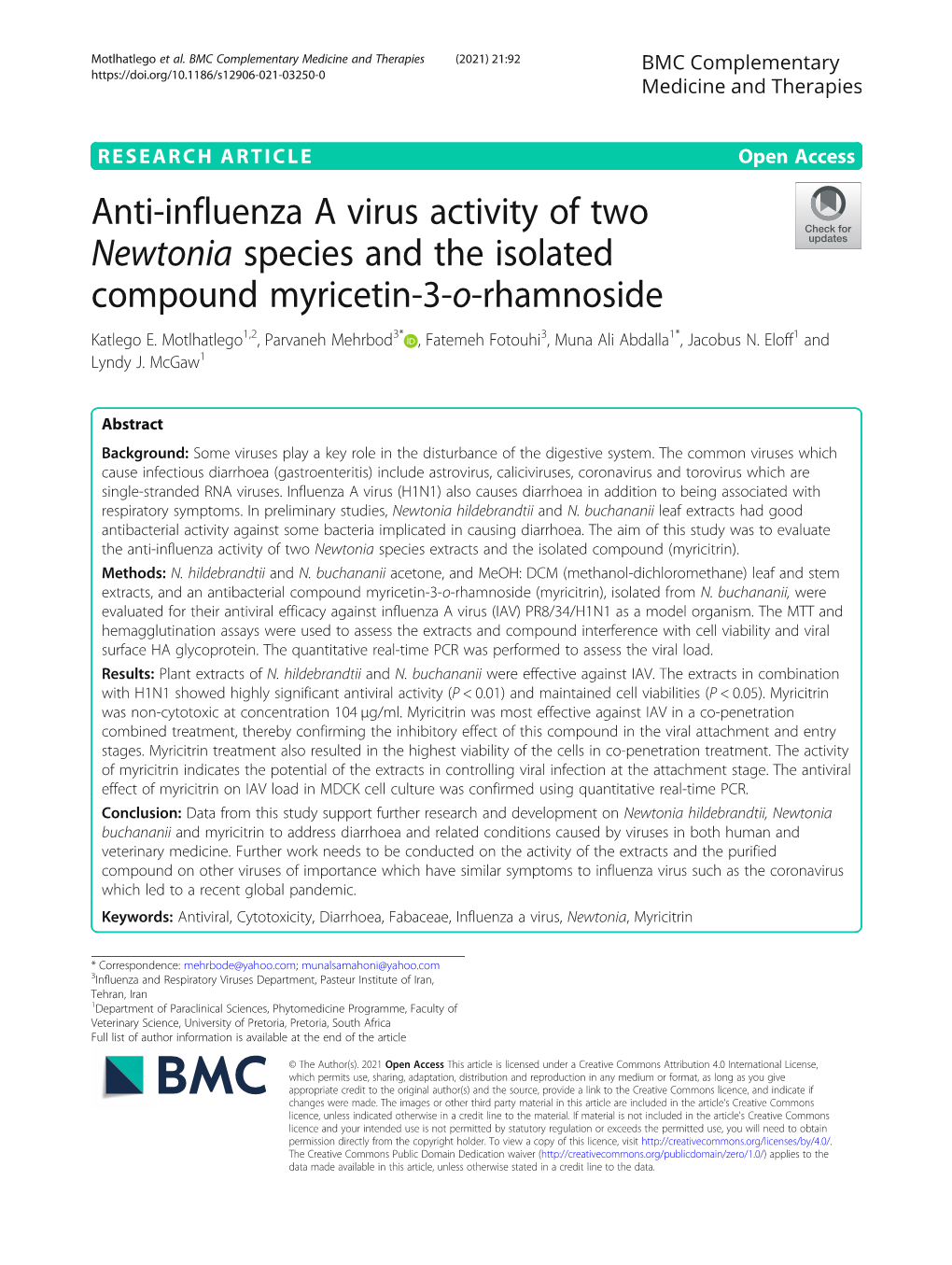 Anti-Influenza a Virus Activity of Two Newtonia Species and the Isolated Compound Myricetin-3-O-Rhamnoside Katlego E